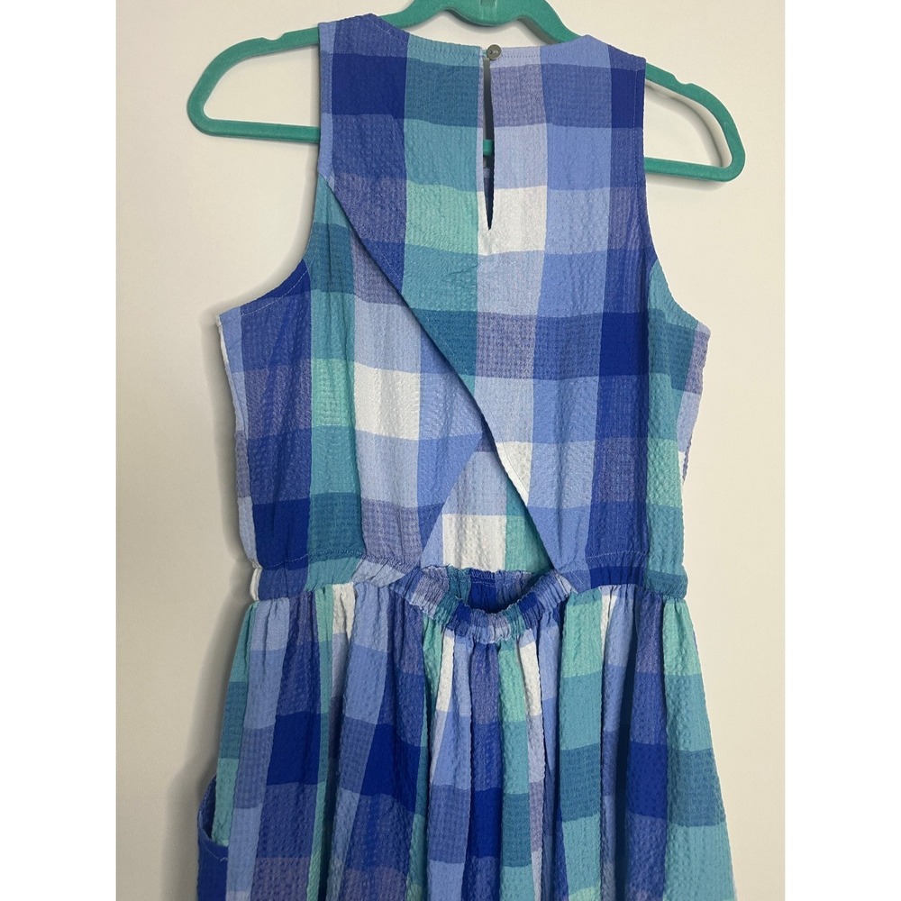 NWT LOFT Seersucker Blue Plaid Cutout Back Dress Midi Pocket Small Brunch Picnic - Picture 14 of 16